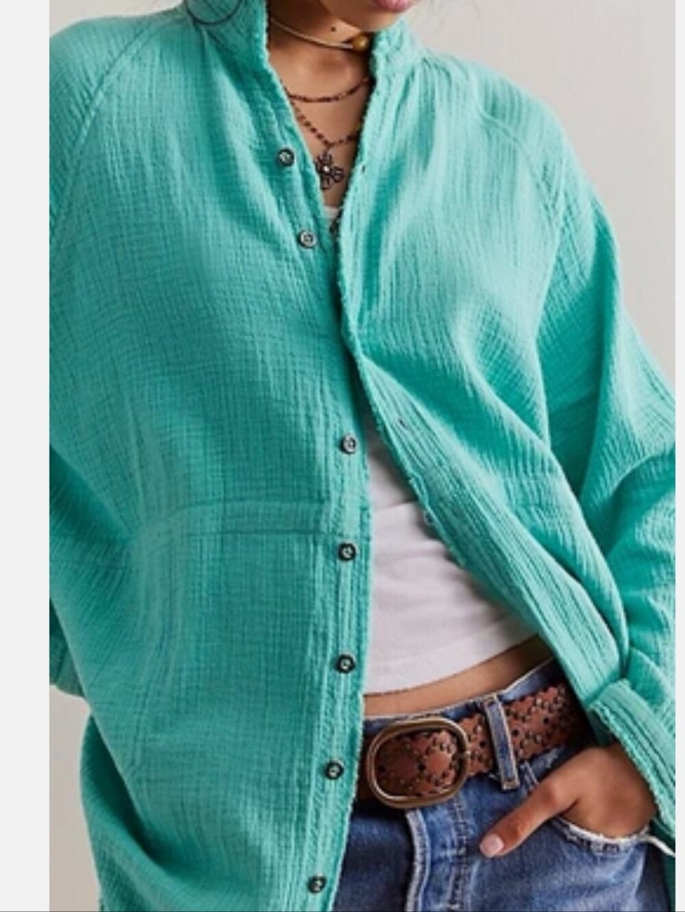 We The Free Teal Gauze Button-Front Tunic